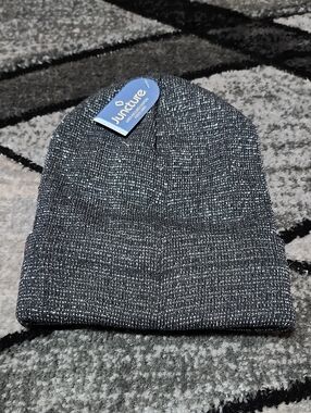 JUNCTURE BLACK KNIT METALLIC SLIVER FLEECE-LINED CUFFED LUREX HAT